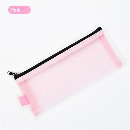 Simple Transparent Zipper Pencil Case Mesh Cosmetic Storage Bag Clear Stationery Bag Nylon Makeup Pouch Portable Travel Handbag