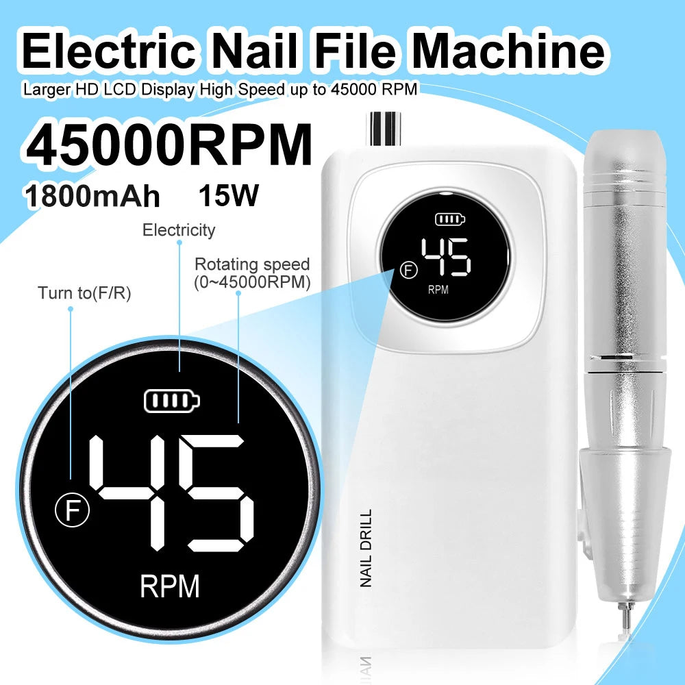 45000 RPM Electric Portable Nail Drill Machine Rechargeable for Gel Nails Polish Portable Nail File Manicure Salon & Home Tools