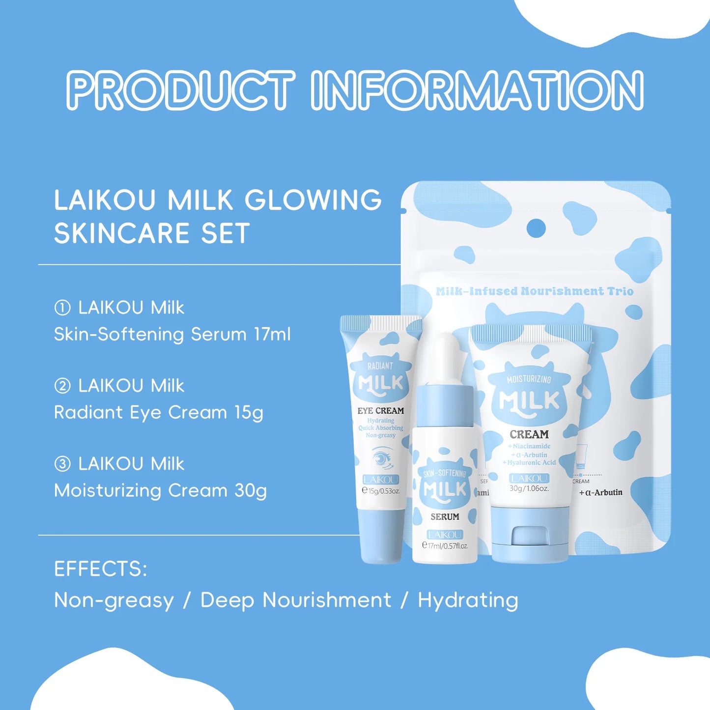 Deep Hydration Milk Skincare Set Softening Serum Gentle Eye Cream Radiant Moisturizing Glowing Trio