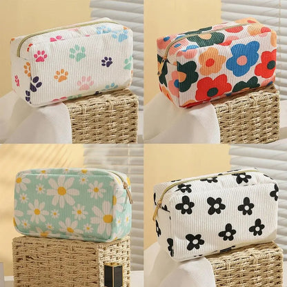 Trendy Large Capacity Corduroy Makeup Bag Travel Printed Toiletry Organizer Bag Makeup Brush Skincare Storage Bag for Women