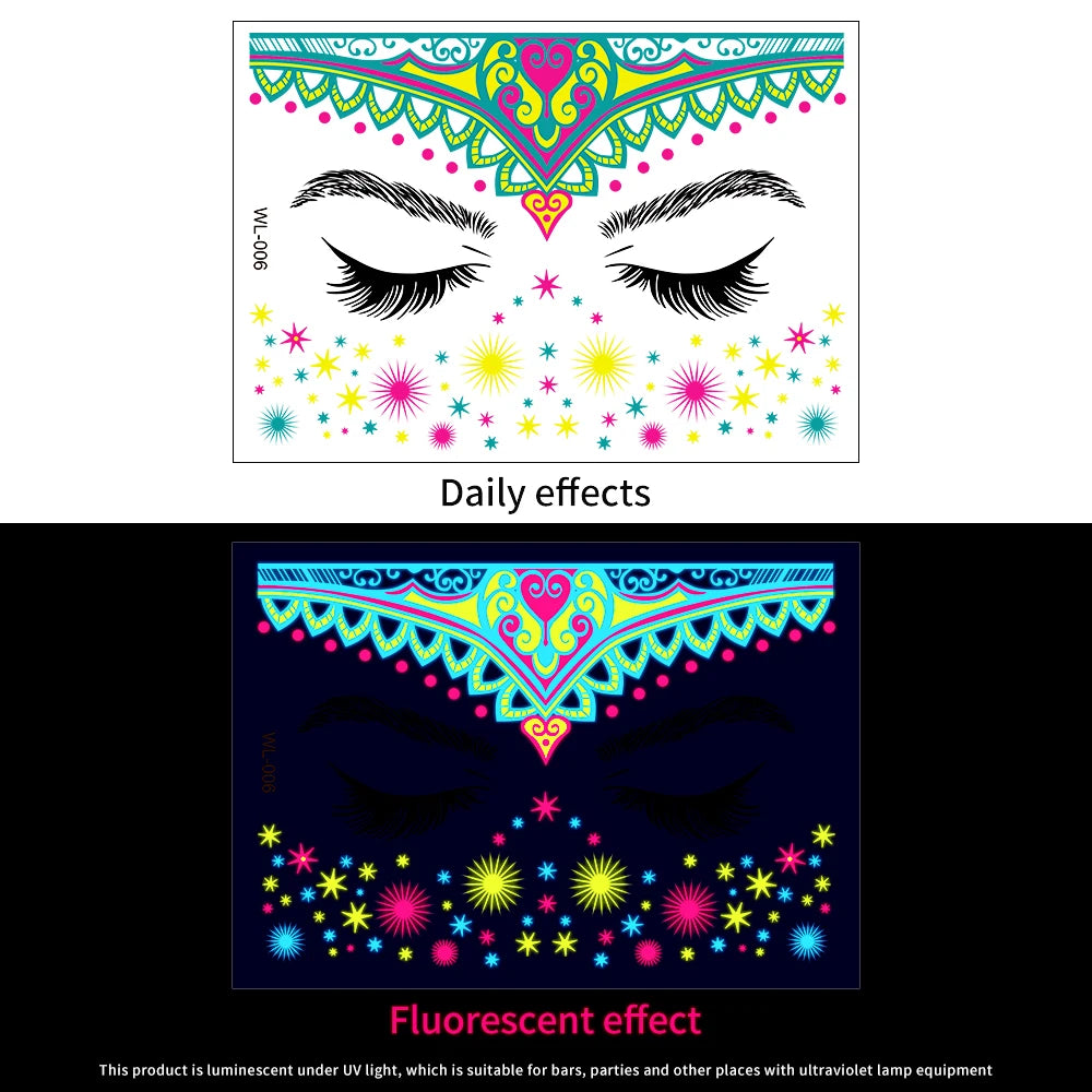 28Pcs Gold Glitter Powder Fluorescent Waterproof Face Tattoo 14x15cm Butterfly/Flowers Makeup Sticker DIY Party Neon Face Decal