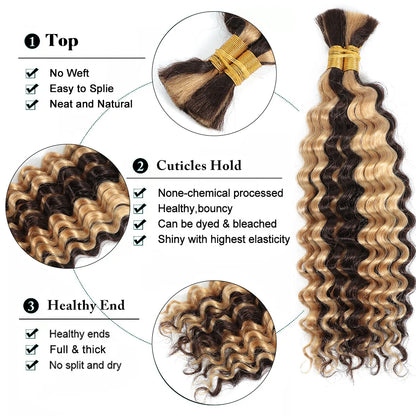 Human Braiding Hair 1 Bundle 20 Inch Human Hair Bundles for Braiding Highlight P4/27 Color Deep Wave Bulk Human Hair Bundles