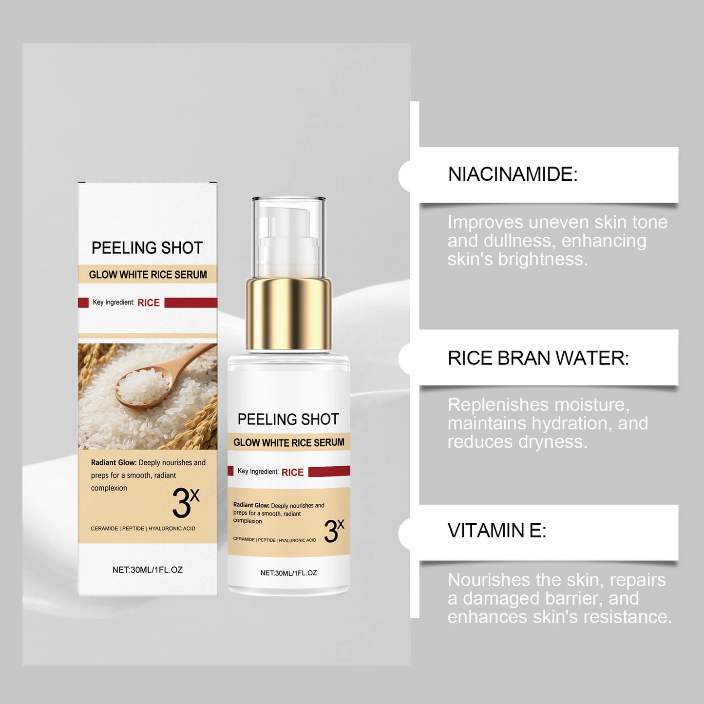Glow Brightening Rice Essence Moisturizing Nourishing Even Skin Tone Improves Dullness Oil-Control Brightening Serum Skincare