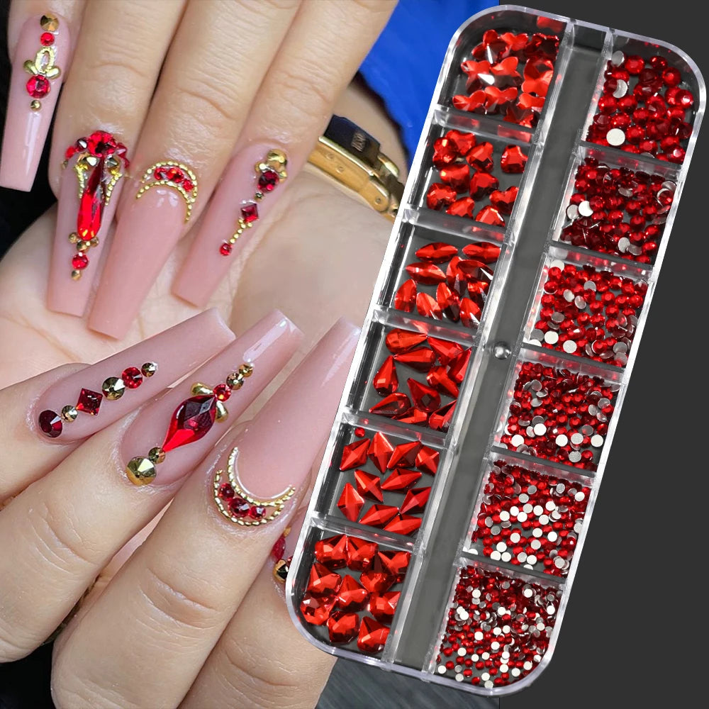 12Grids Mixed-Shape Crystal Nail Art Rhinestones Pink/Red Flatback Nail Gems Luxury Diamond Glass Stones Manicure Decoration