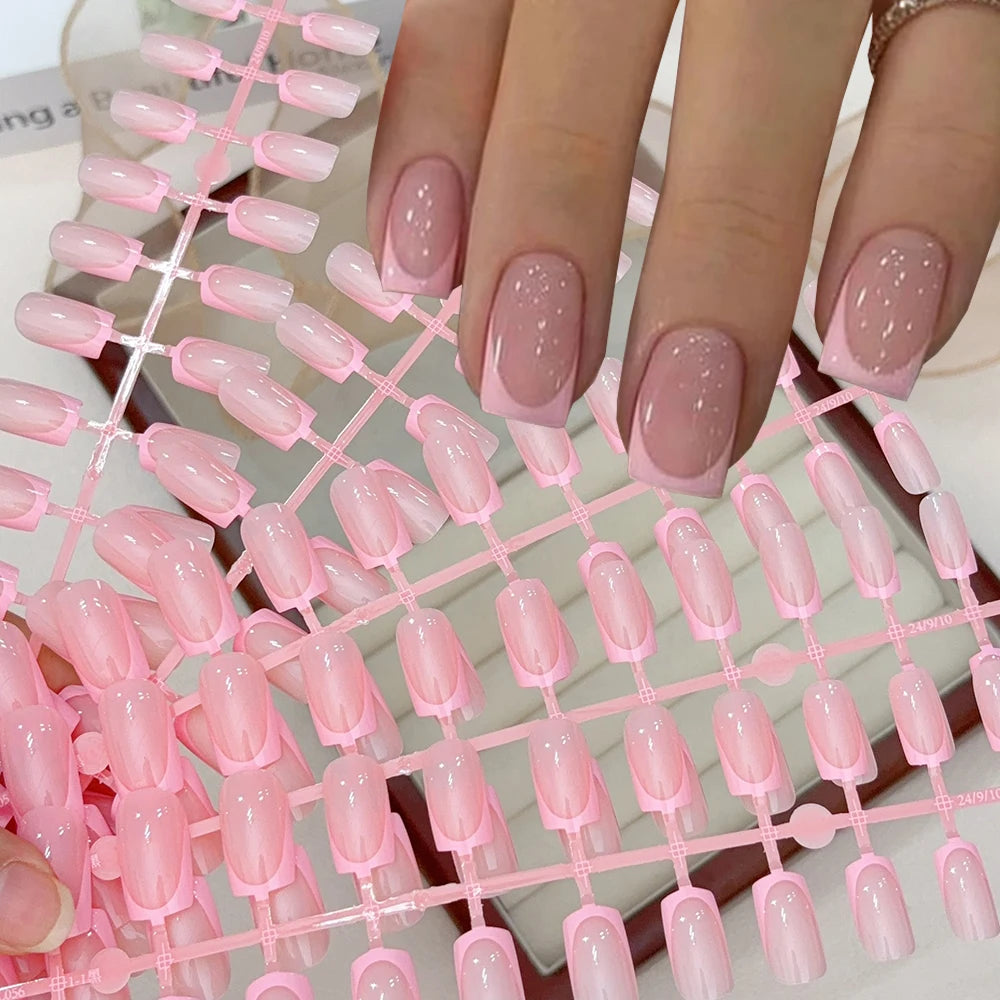 120Pcs Short Square Red French Valentine's Day Fake Nails Nude Pink Glossy Acrylic False Nails Simple Wearable Press on NailTips