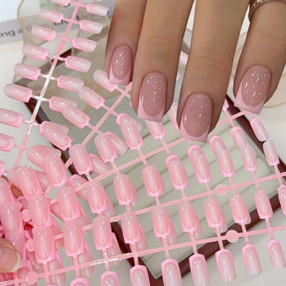 120Pcs Short Square Red French Valentine's Day Fake Nails Nude Pink Glossy Acrylic False Nails Simple Wearable Press on NailTips