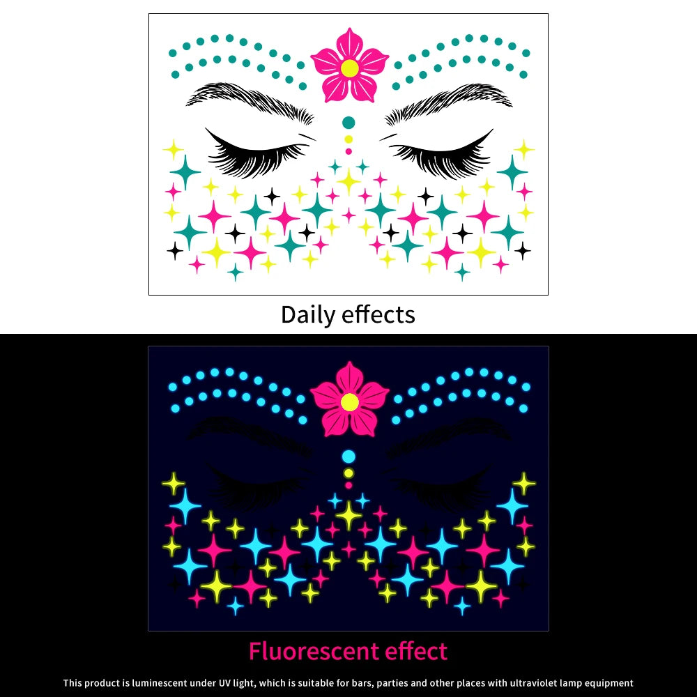 28Pcs Gold Glitter Powder Fluorescent Waterproof Face Tattoo 14x15cm Butterfly/Flowers Makeup Sticker DIY Party Neon Face Decal