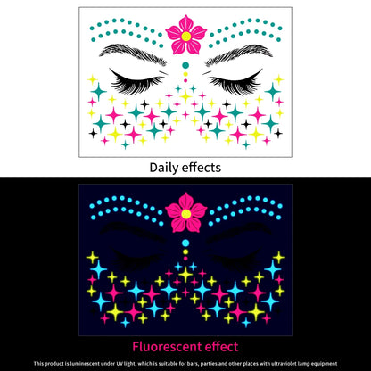 28Pcs Gold Glitter Powder Fluorescent Waterproof Face Tattoo 14x15cm Butterfly/Flowers Makeup Sticker DIY Party Neon Face Decal
