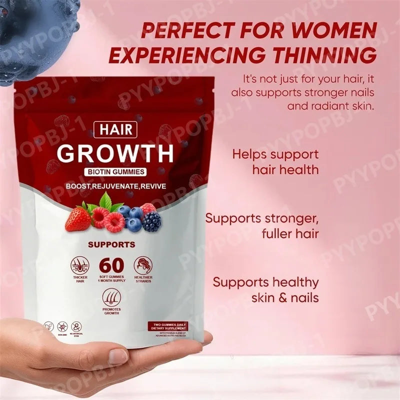 Women Hair Growth Vitamin Gummies Healthy Nourishment with Biotin Collagen Botanical Extracts Also for Skin Nail Care 60 Gummies