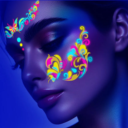28Pcs Gold Glitter Powder Fluorescent Waterproof Face Tattoo 14x15cm Butterfly/Flowers Makeup Sticker DIY Party Neon Face Decal