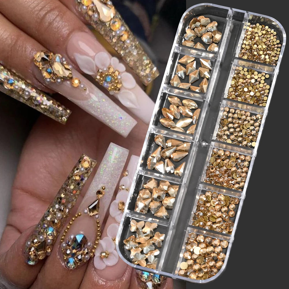 12Grids Mixed-Shape Crystal Nail Art Rhinestones Pink/Red Flatback Nail Gems Luxury Diamond Glass Stones Manicure Decoration