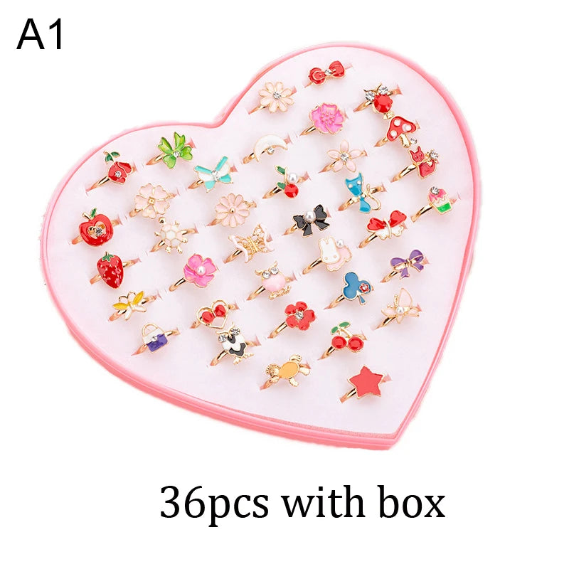 36PCS Children Adjustable Rings Girls Cute Pretend Play Makeup Toys Cartoon Jewelry Alloy Animal Enamel Ring Birthday Gift TMZ