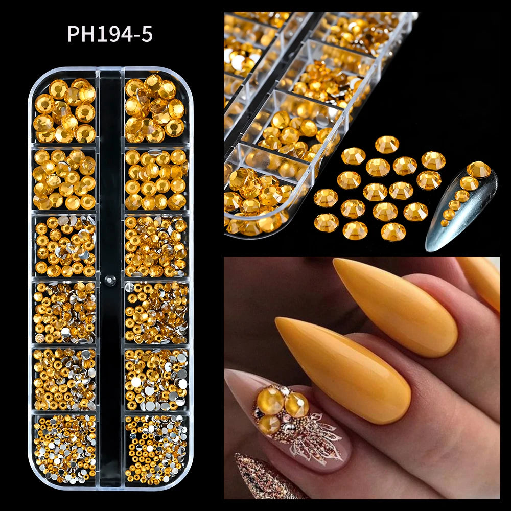12Grids Mixed-Shape Crystal Nail Art Rhinestones Pink/Red Flatback Nail Gems Luxury Diamond Glass Stones Manicure Decoration
