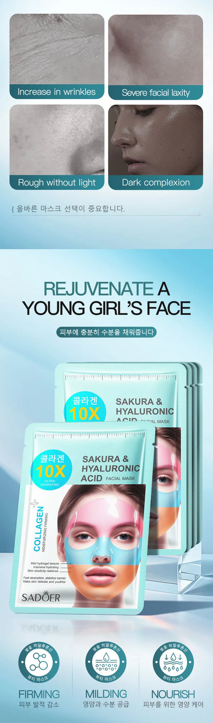 SADOER Rainbow Collagen Facial Masks Moisturizing Whitening Anti-aging Sakura Hyaluronic Acid Face Mask Korean Cosmetics