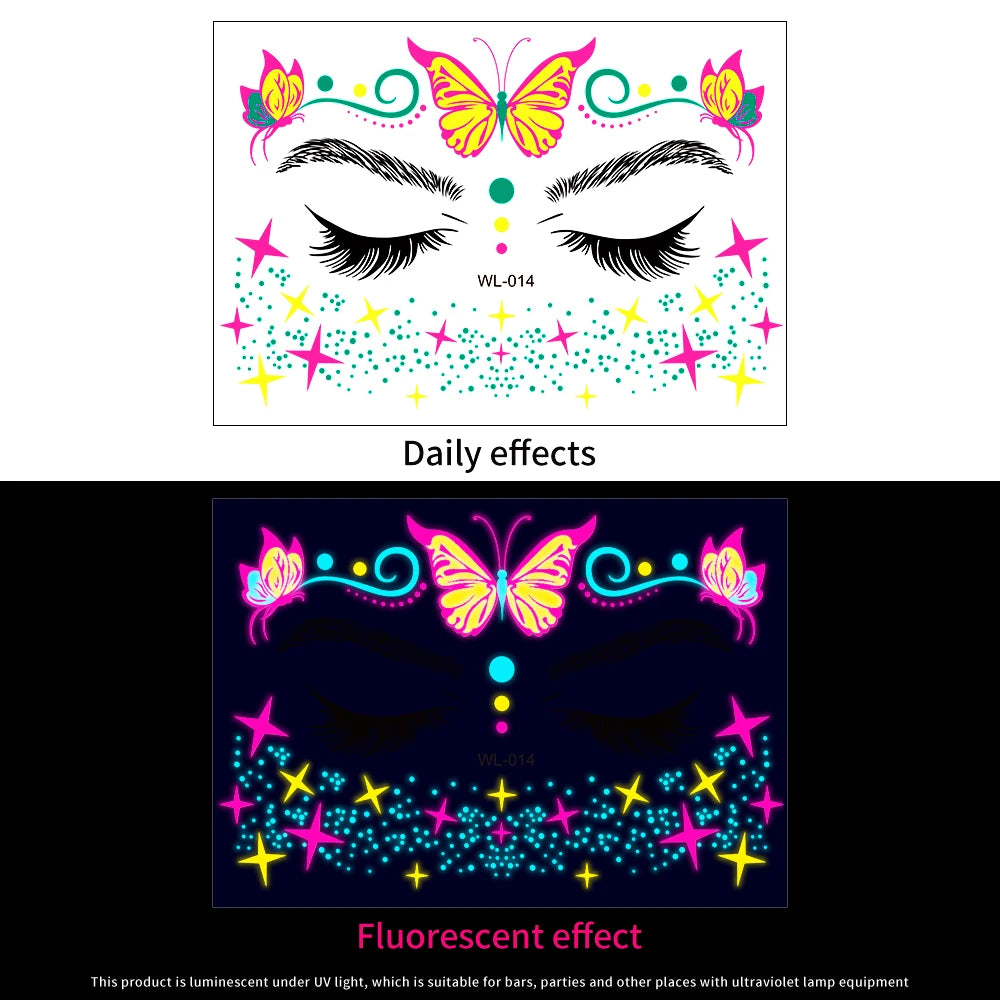 28Pcs Gold Glitter Powder Fluorescent Waterproof Face Tattoo 14x15cm Butterfly/Flowers Makeup Sticker DIY Party Neon Face Decal