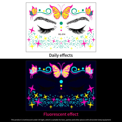 28Pcs Gold Glitter Powder Fluorescent Waterproof Face Tattoo 14x15cm Butterfly/Flowers Makeup Sticker DIY Party Neon Face Decal