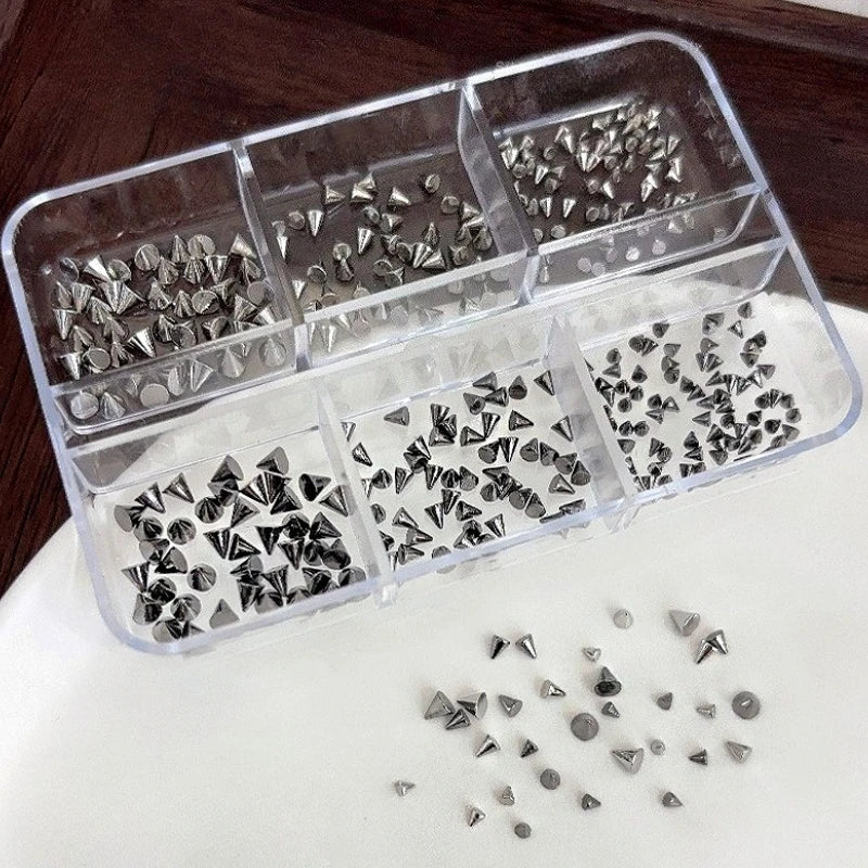 Gun Black Square Rivet Metal Round Ball Cone Alloy Fork Spoon Punk Stars Bowknot Pearl Nail Art Accessories Decorations Manicure