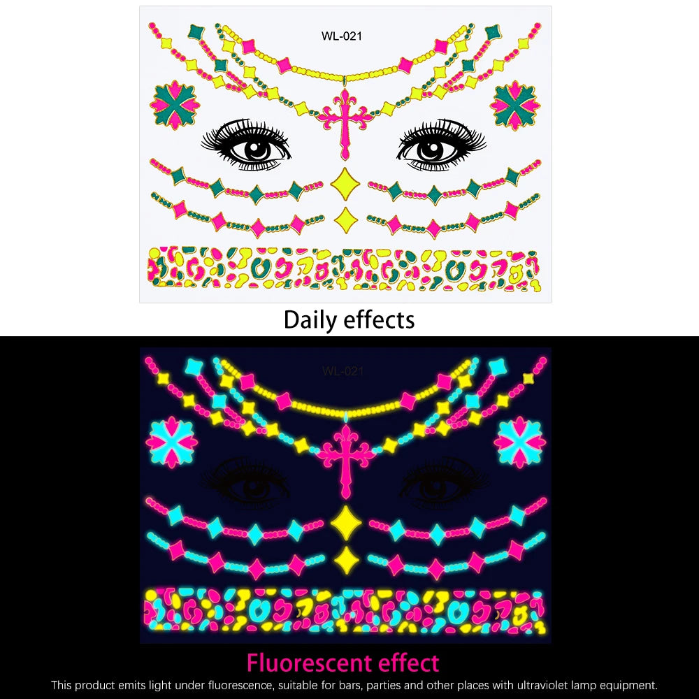 28Pcs Gold Glitter Powder Fluorescent Waterproof Face Tattoo 14x15cm Butterfly/Flowers Makeup Sticker DIY Party Neon Face Decal