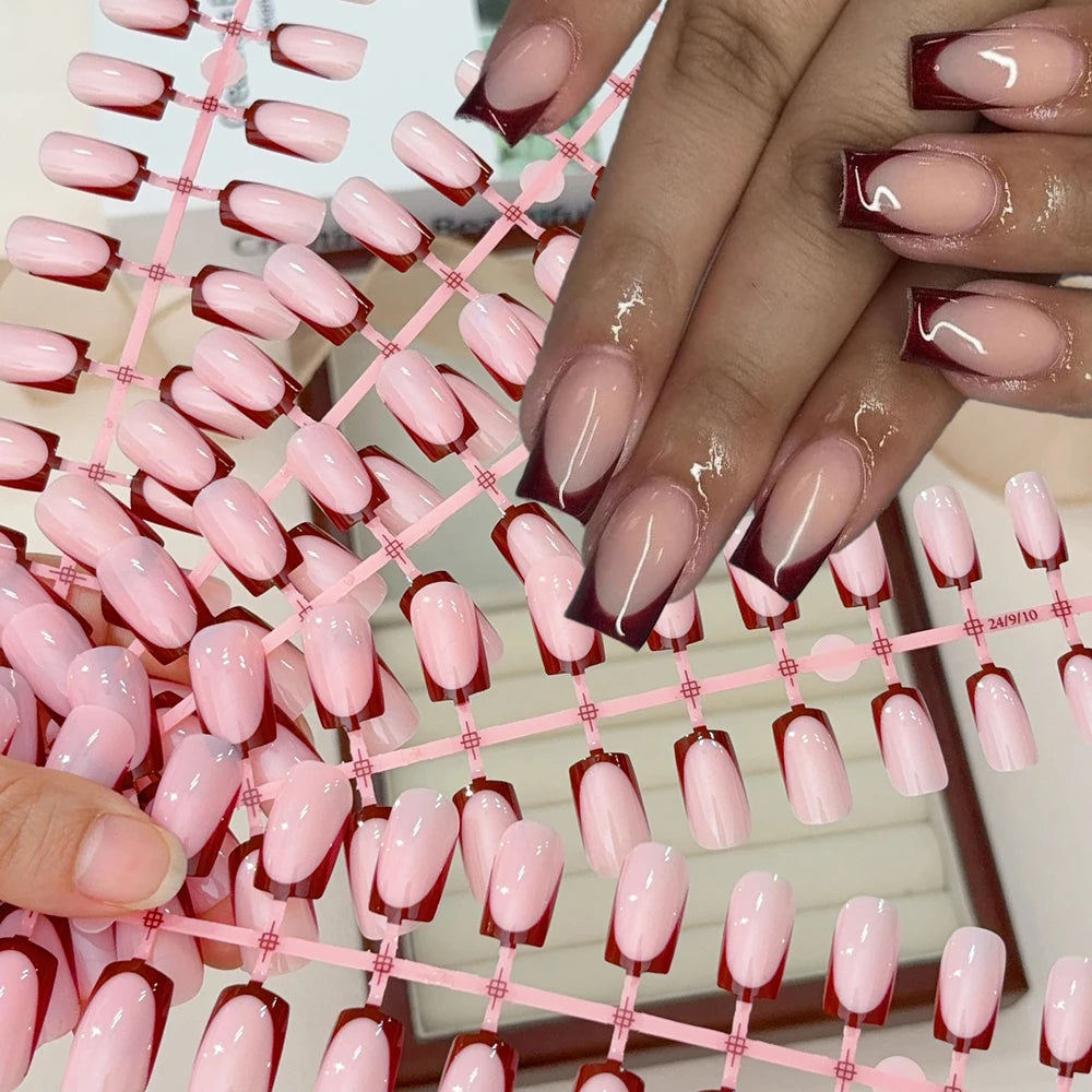 120Pcs Short Square Red French Valentine's Day Fake Nails Nude Pink Glossy Acrylic False Nails Simple Wearable Press on NailTips