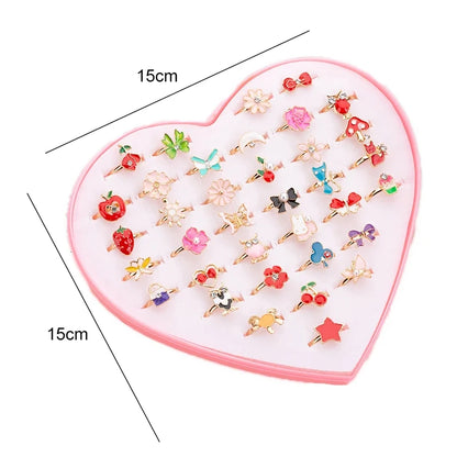 36PCS Children Adjustable Rings Girls Cute Pretend Play Makeup Toys Cartoon Jewelry Alloy Animal Enamel Ring Birthday Gift TMZ