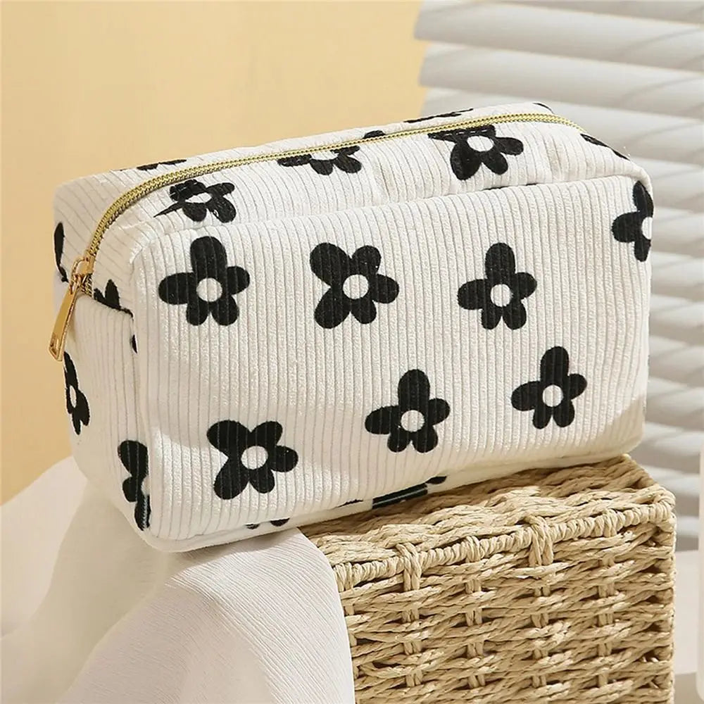 Trendy Large Capacity Corduroy Makeup Bag Travel Printed Toiletry Organizer Bag Makeup Brush Skincare Storage Bag for Women