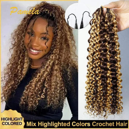 Highlight Colored Feather Crochet Hair 4/27 Colored Curly Pre Looped Pre Separated Knotless Crochet Human Hair For Woman