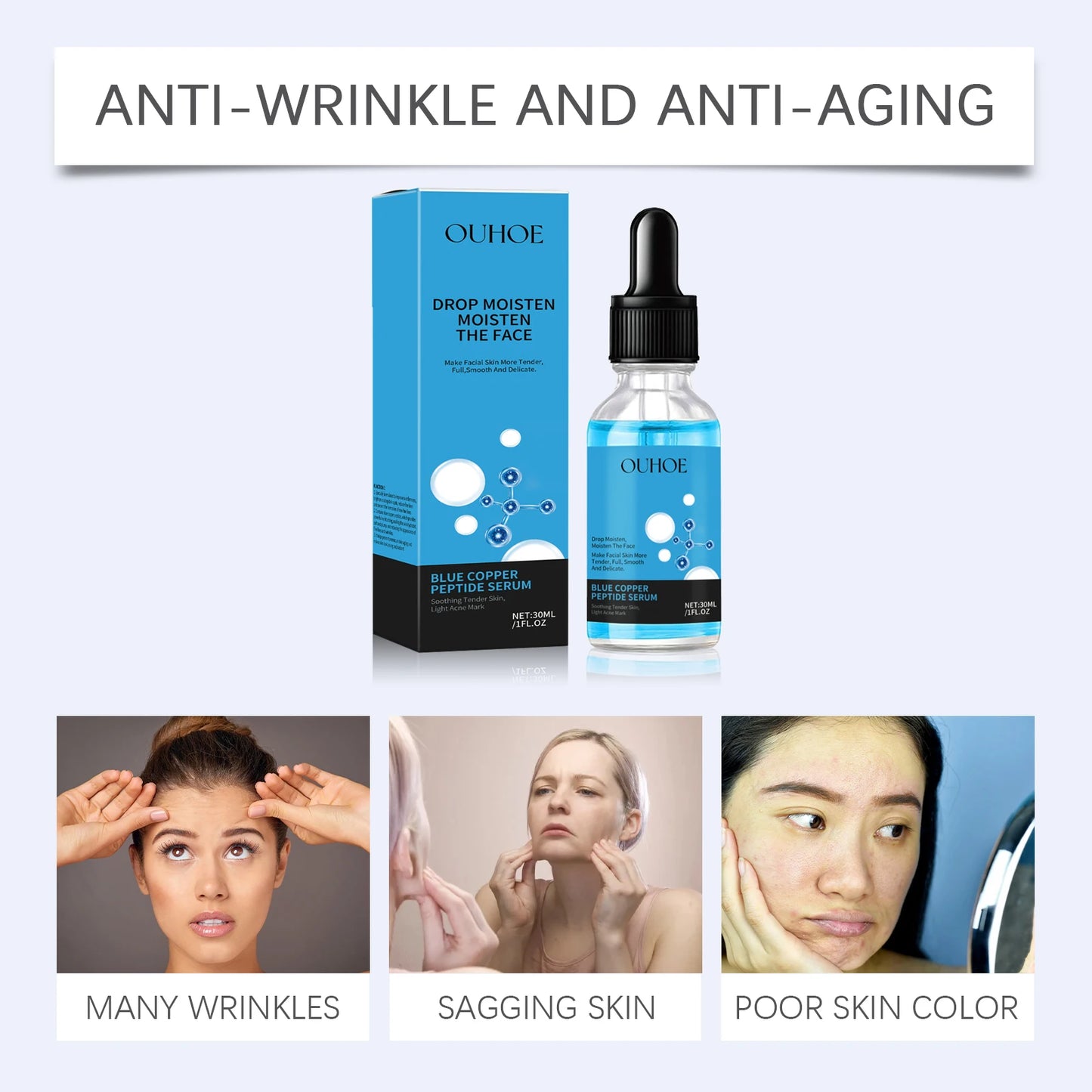 OUHOE Blue Copper Peptide Facial Serum Deep Moisturizing Lock in Water Making Skin Softer Restore Radiant for Daily Skin Care