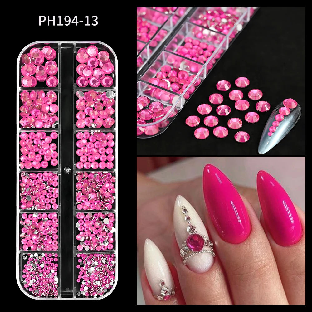 12Grids Mixed-Shape Crystal Nail Art Rhinestones Pink/Red Flatback Nail Gems Luxury Diamond Glass Stones Manicure Decoration