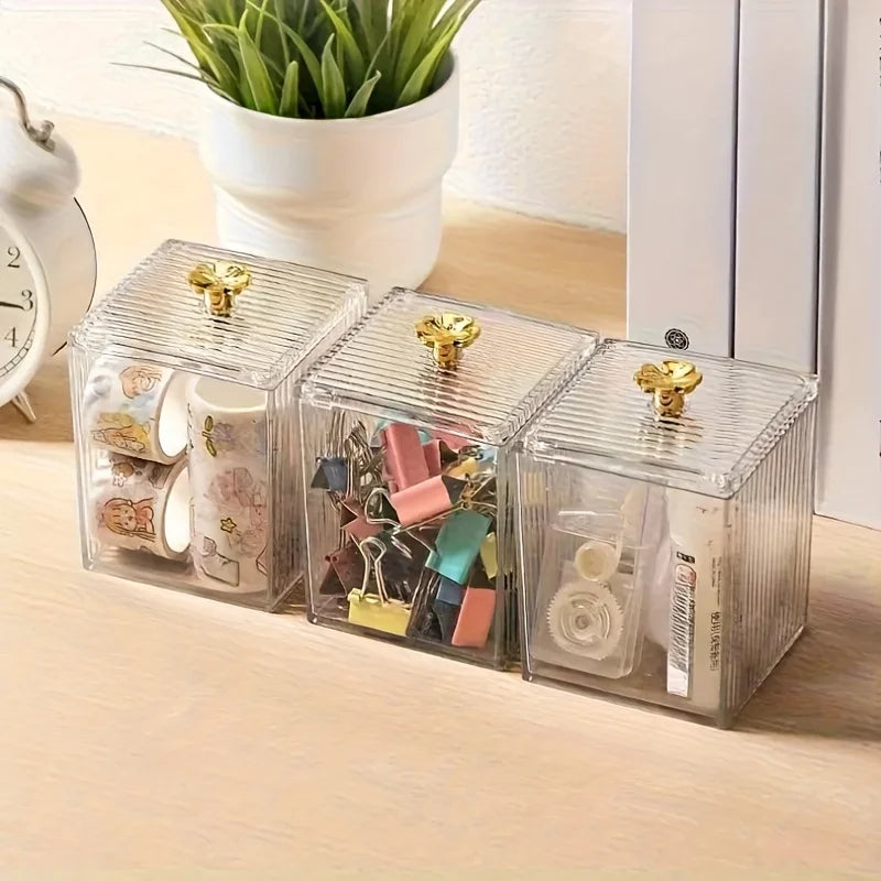 1/3pcs Clear Acrylic Makeup Organizer - Golden Handles Dustproof, Compact Desktop Vanity Box for Jewelry/Toothpicks/Beauty Tools