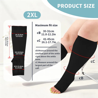 Legbeauty Plus Size Compression Socks Women Wide Calf Open Toe Graduated Medical Support Stockings Toeless Flight Pressure Socks