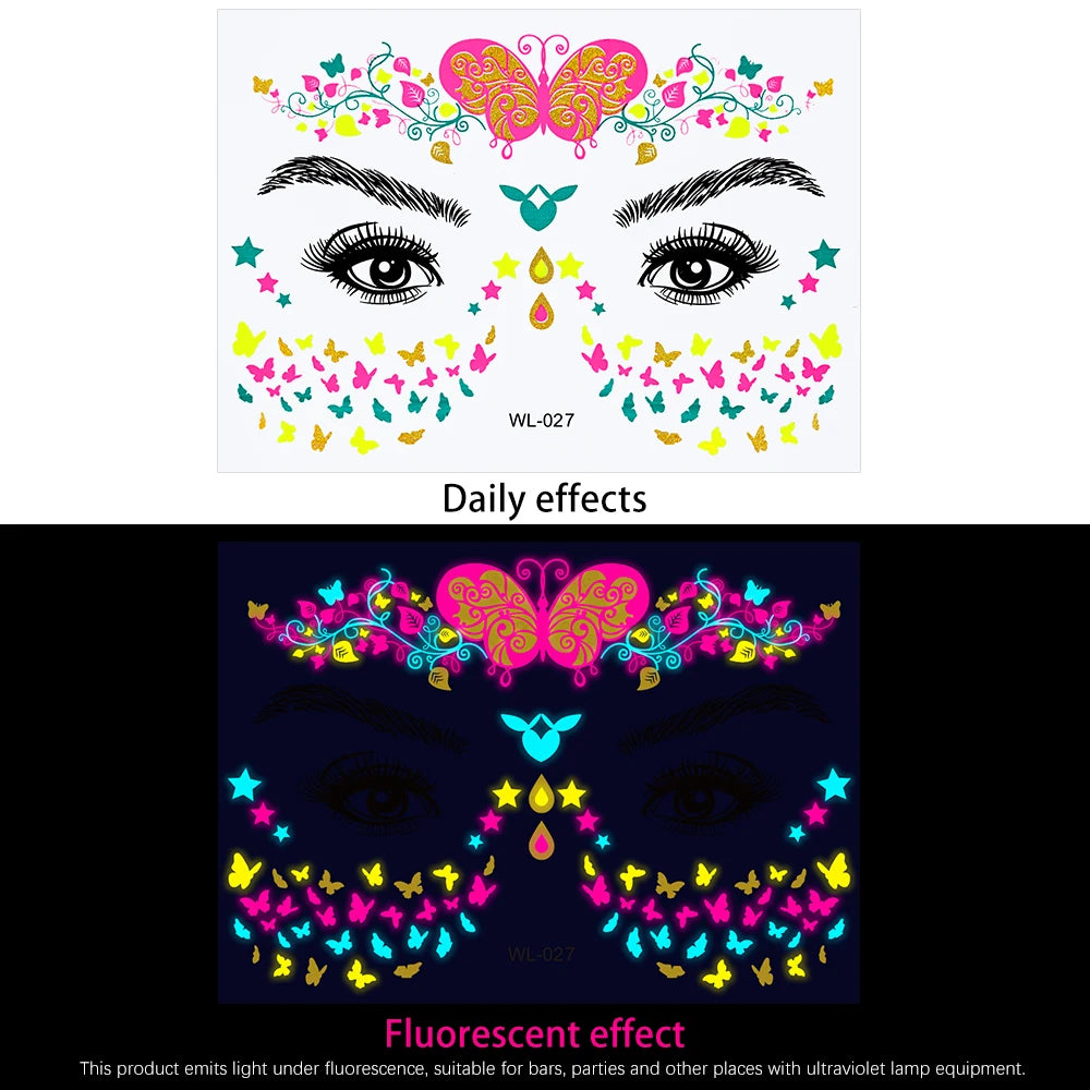28Pcs Gold Glitter Powder Fluorescent Waterproof Face Tattoo 14x15cm Butterfly/Flowers Makeup Sticker DIY Party Neon Face Decal