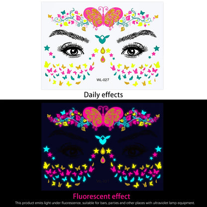 28Pcs Gold Glitter Powder Fluorescent Waterproof Face Tattoo 14x15cm Butterfly/Flowers Makeup Sticker DIY Party Neon Face Decal