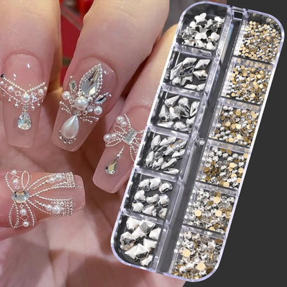 12Grids Mixed-Shape Crystal Nail Art Rhinestones Pink/Red Flatback Nail Gems Luxury Diamond Glass Stones Manicure Decoration