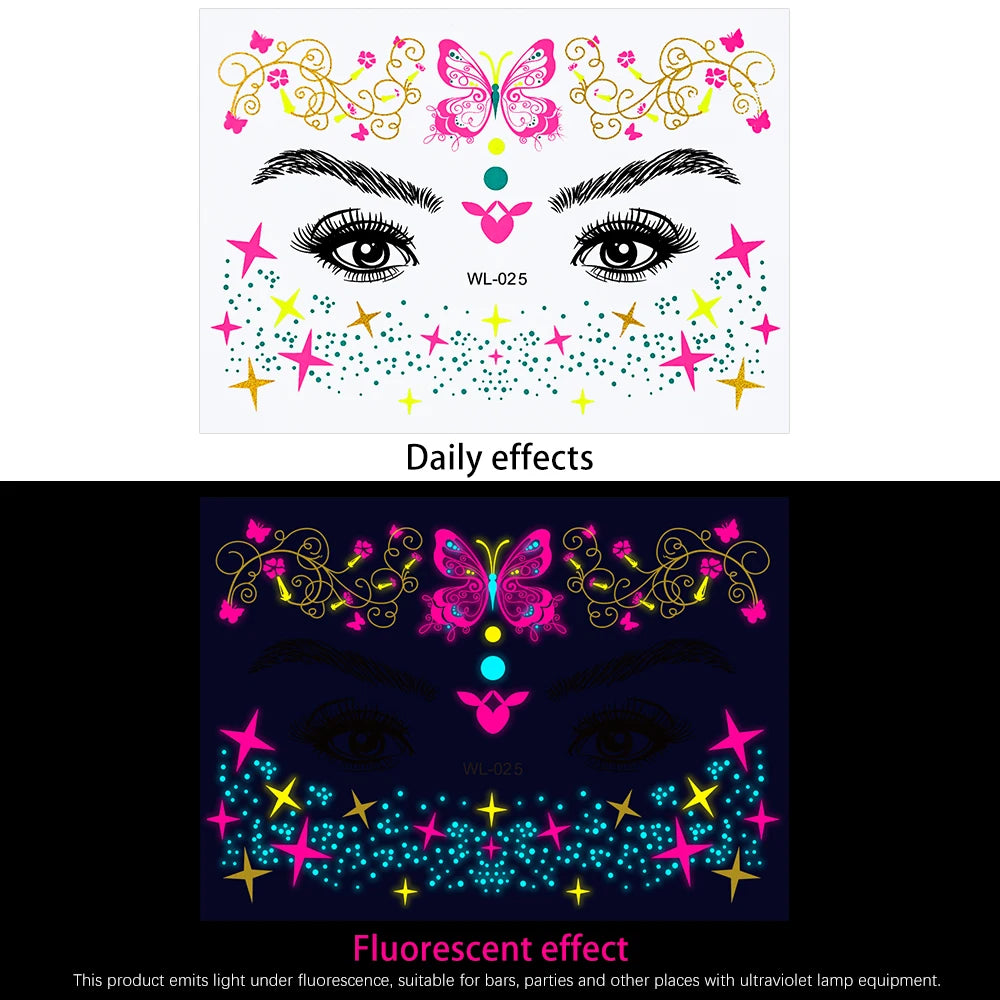 28Pcs Gold Glitter Powder Fluorescent Waterproof Face Tattoo 14x15cm Butterfly/Flowers Makeup Sticker DIY Party Neon Face Decal