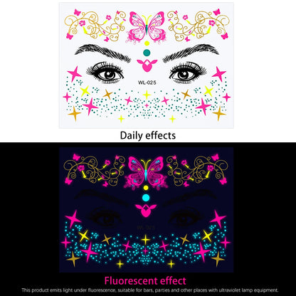 28Pcs Gold Glitter Powder Fluorescent Waterproof Face Tattoo 14x15cm Butterfly/Flowers Makeup Sticker DIY Party Neon Face Decal