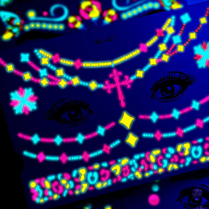 28Pcs Gold Glitter Powder Fluorescent Waterproof Face Tattoo 14x15cm Butterfly/Flowers Makeup Sticker DIY Party Neon Face Decal