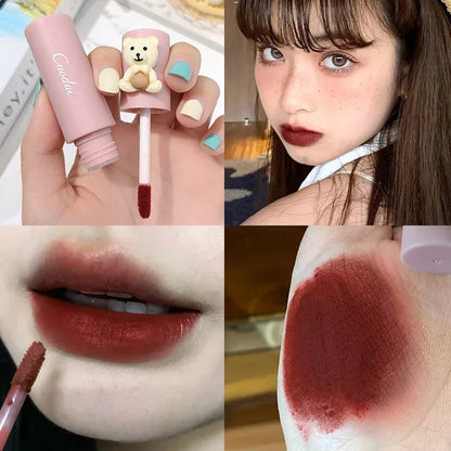 Girl's Velvet Matte Lipstick Blush Waterproof Long Lasting Cute Bear Lipgloss Non-Stick Cup Makeup Lip Tint Mud Cosmetic Makeup