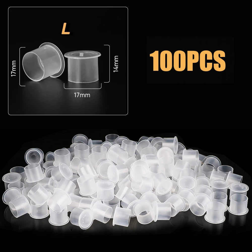 100Pcs Disposable Tattoo Ink Cups with Base - 4 Sizes Clear Plastic Pigment Caps for Tattoo Supplies PMU