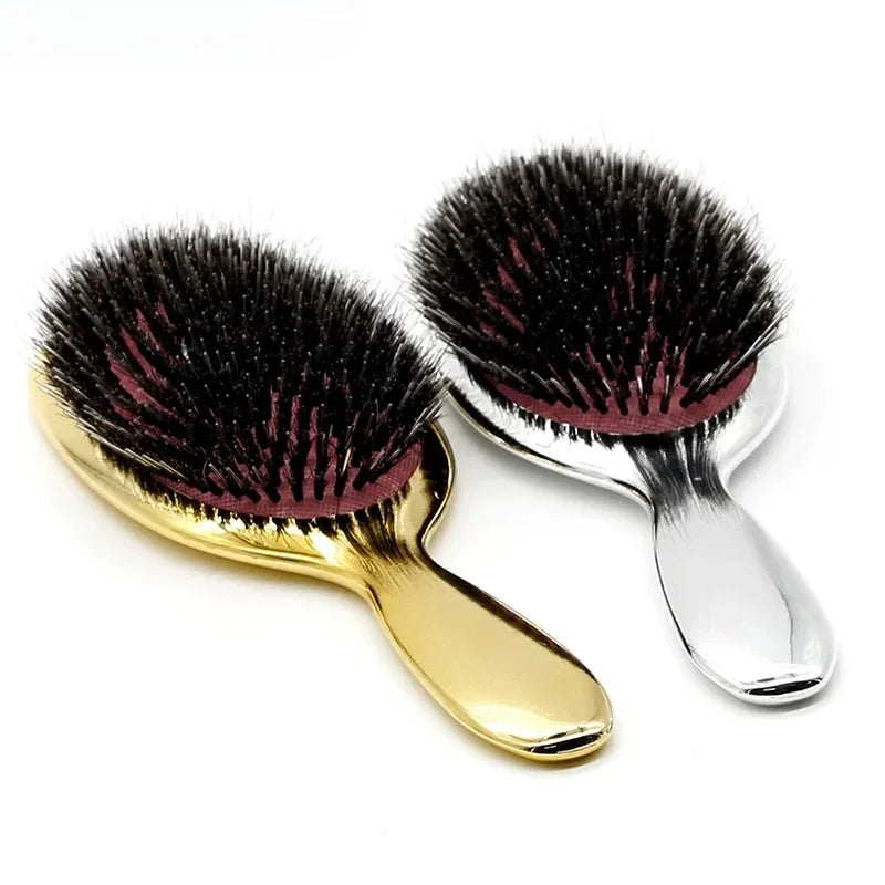 Premium Gold And Silver Boar Bristle Hair Brush Oval Paddle Anti Static Massage Comb For Hair Growth And Styling