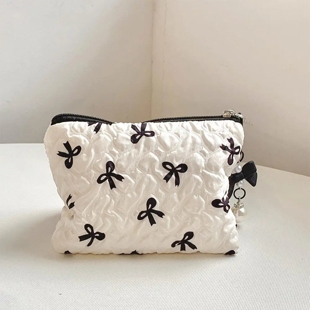 Cotton Makeup Bag for Women Quilted Travel Cosmetic Bag Girls' Make Up Organizer Portable Little Bow Makeup Pouch