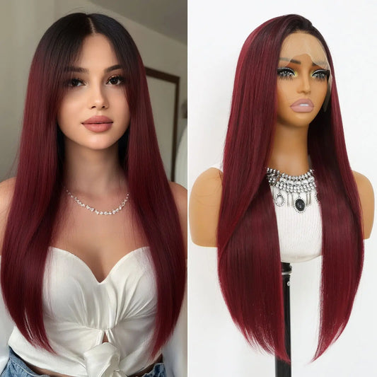 Ombre Burgundy Lace Front Wig Long Straight Ombre Wine Red 13x4 Synthetic Lace Front Wigs for Women 24Inch