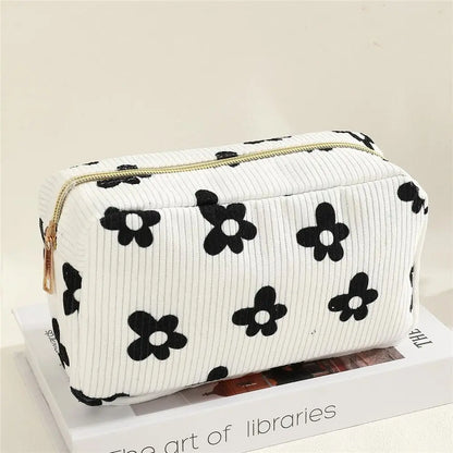Trendy Large Capacity Corduroy Makeup Bag Travel Printed Toiletry Organizer Bag Makeup Brush Skincare Storage Bag for Women