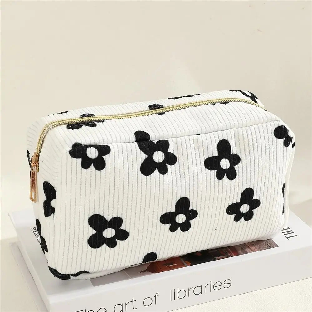 Trendy Large Capacity Corduroy Makeup Bag Travel Printed Toiletry Organizer Bag Makeup Brush Skincare Storage Bag for Women
