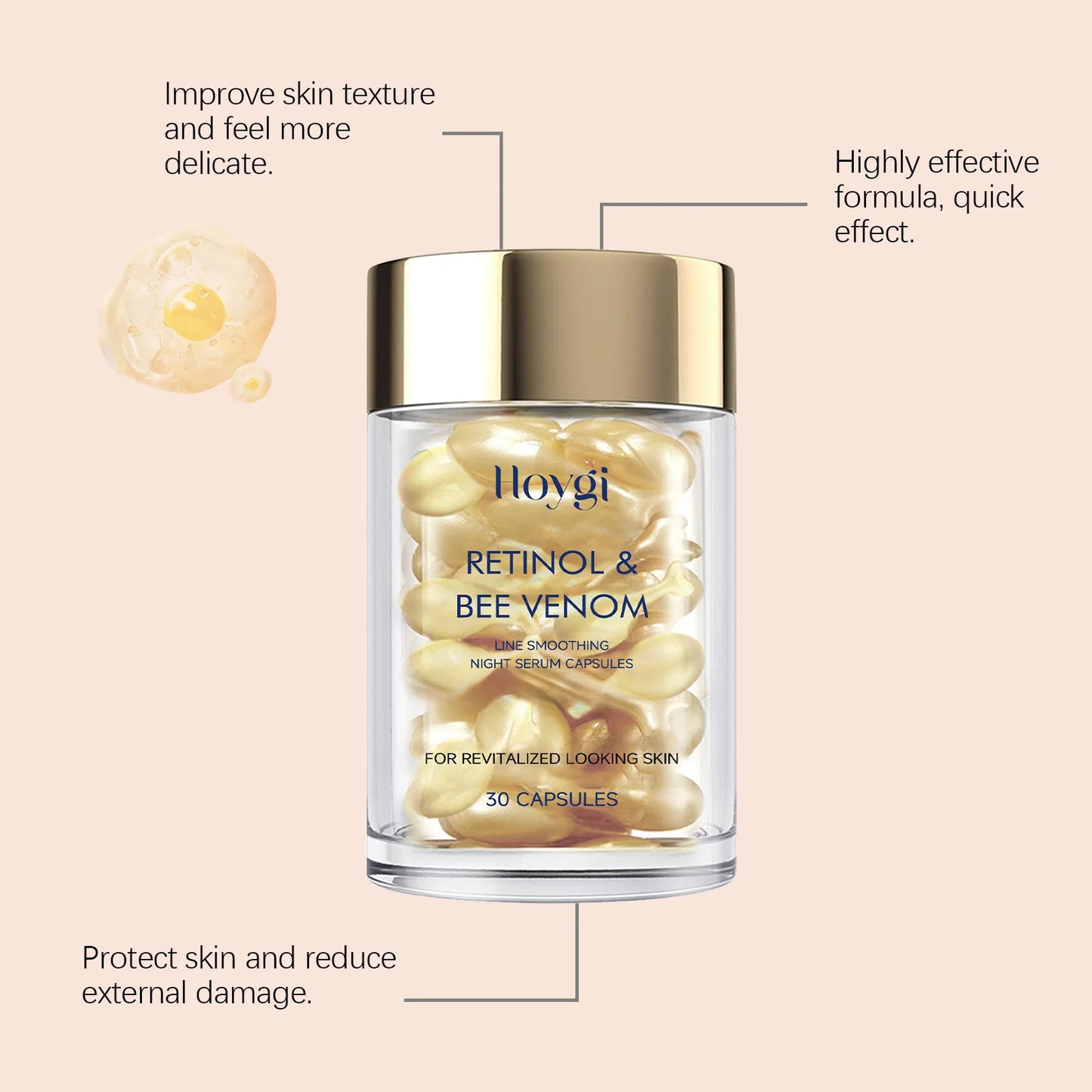 Hoygi Retinol Bee Venom Facial Capsules Gently Moisturize Facial Skin, Tighten and Improve Skin Quality, Moisturizing Capsules
