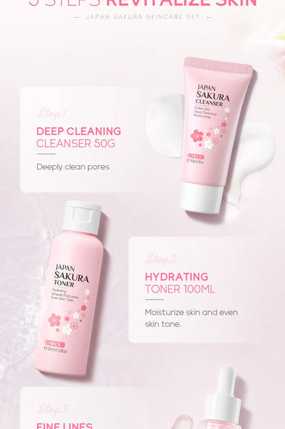 Face Skin Care Set Cleanser Sakura Essence Cream Moisturizing Toner Eye Cream Face Serum Improve Roughness & Dryness Skin Care