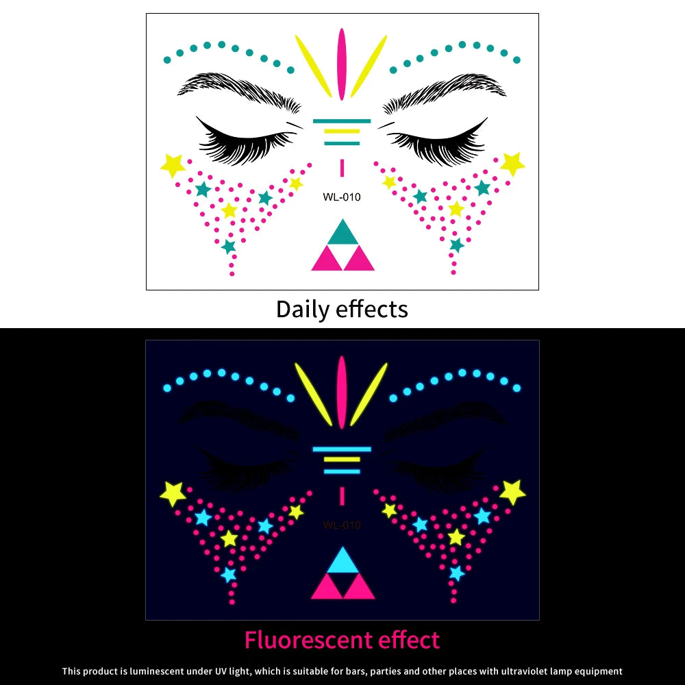 28Pcs Gold Glitter Powder Fluorescent Waterproof Face Tattoo 14x15cm Butterfly/Flowers Makeup Sticker DIY Party Neon Face Decal