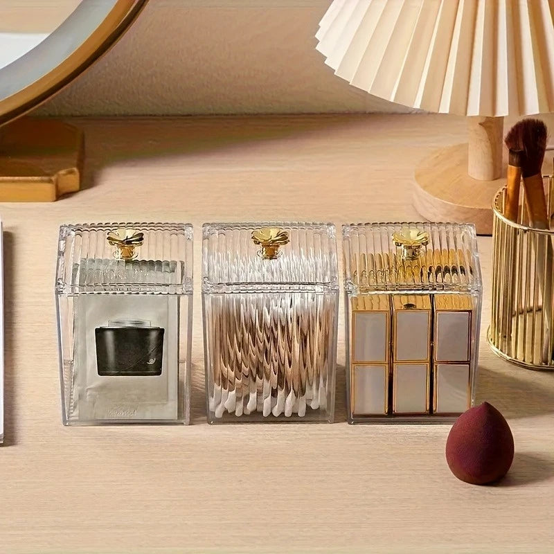 1/3pcs Clear Acrylic Makeup Organizer - Golden Handles Dustproof, Compact Desktop Vanity Box for Jewelry/Toothpicks/Beauty Tools