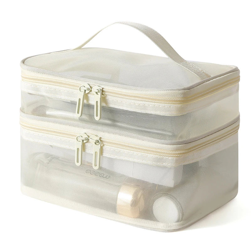 Travel 2 Layers Cosmetic Organizer Bag Transparent Folding Mesh Zipper Storage Pouch Large Capacity Makeup Wash Kit Bag 2024