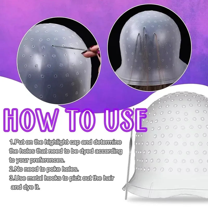 2Set Silicone Hair Coloring Cap Reusable Highlight Cap Frosting Cap with Hook Needle Professional Hair Salon Tools Dyeing Kit
