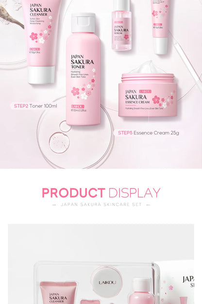 Face Skin Care Set Cleanser Sakura Essence Cream Moisturizing Toner Eye Cream Face Serum Improve Roughness & Dryness Skin Care